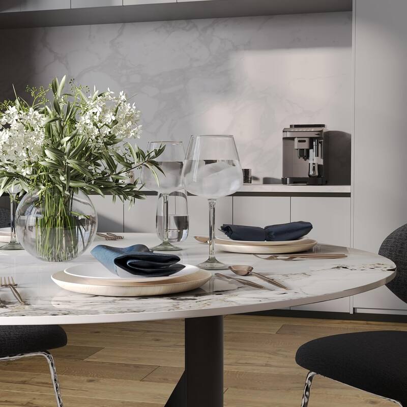 White Round Sintered Stone Dining Table with Matte Black Sandblasted Texture Base