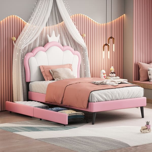 slide 2 of 9, Upholstered Princess Bed with Crown Headboard and 2 Drawers Twin