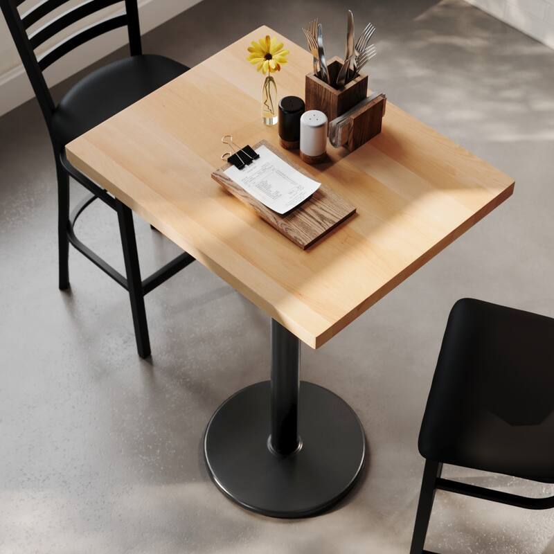 Rectangular Solid Wood Commercial Tabletop with 18" Round Bar Height Base - 24"W x 30"D x 42"H