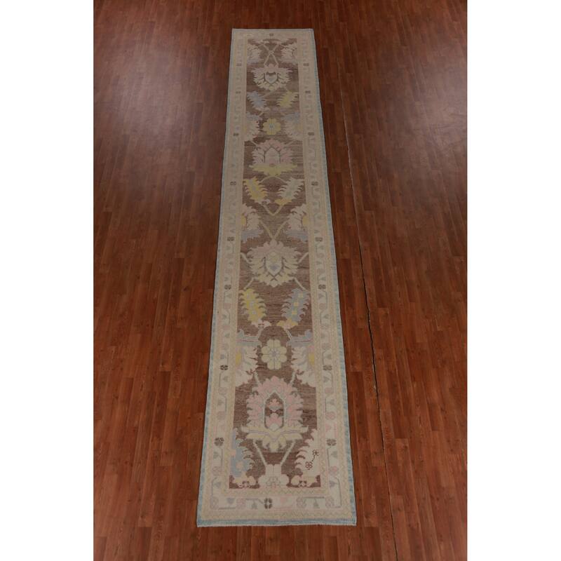 Hand Knotted Oriental 100% Wool Carpet Transitional Floral Brown Oushak Runner Rug - 17' 6'' X 3' 2''