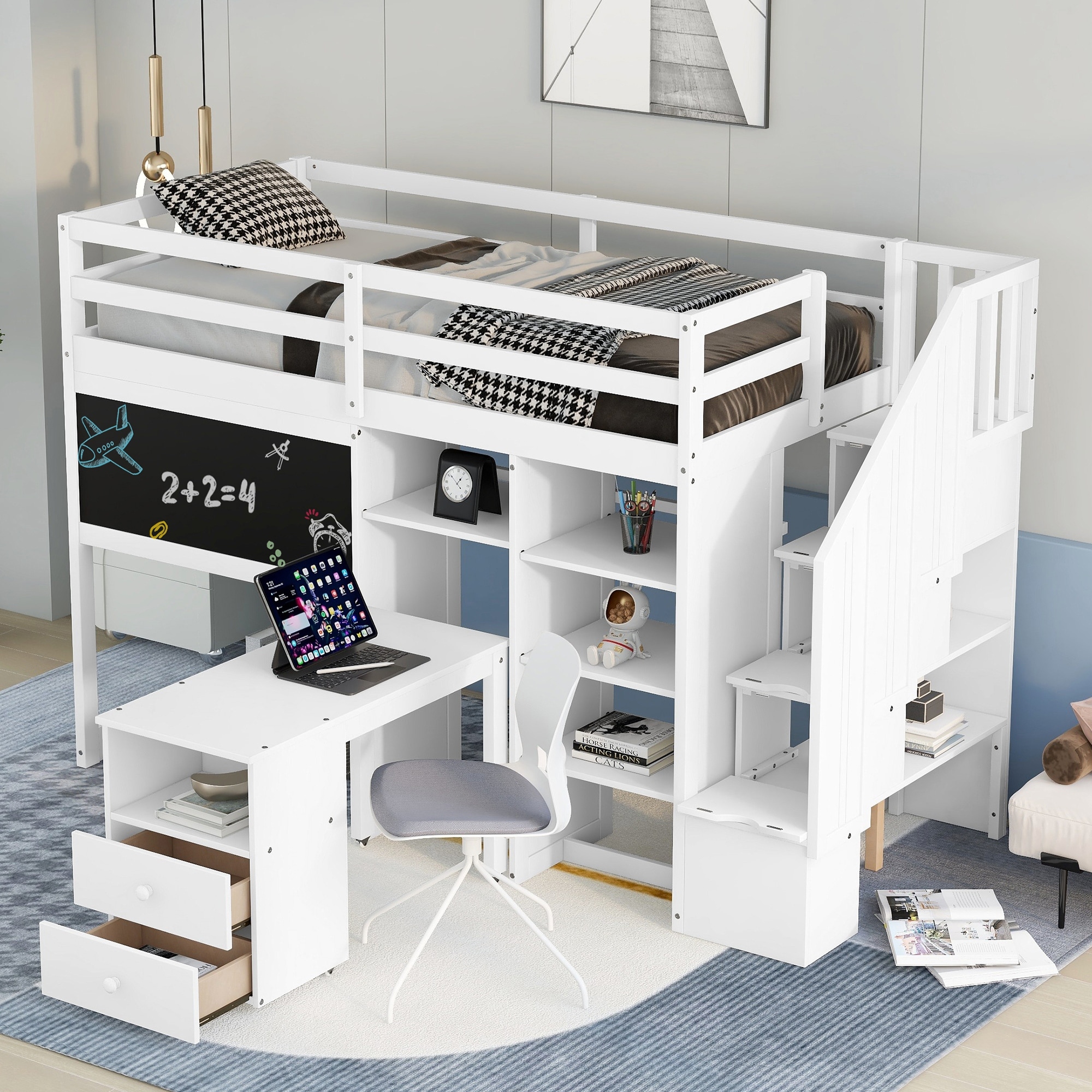White loft bed deals with desk and storage