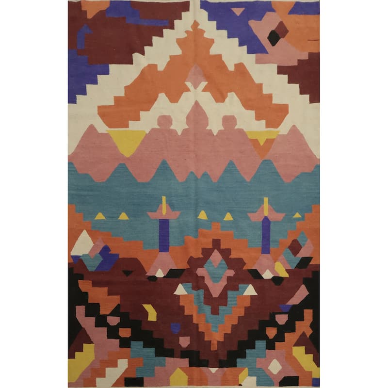 Hand Woven Oriental 100% Wool Carpet Southwestern Modern Multi-Colored Kilim Area Rug - 9' 8'' X 6' 10''