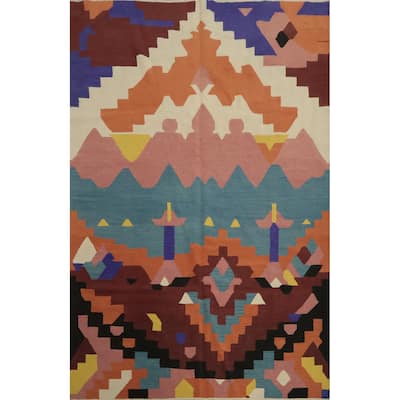 Hand Woven Oriental 100% Wool Carpet Southwestern Modern Multi-Colored Kilim Area Rug - 9' 8'' X 6' 10''