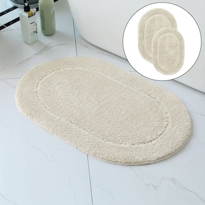 2 Piece Bath Mat Set - Ivory Oval Solid Bordered Bathroom Mat Soft Plush Thick