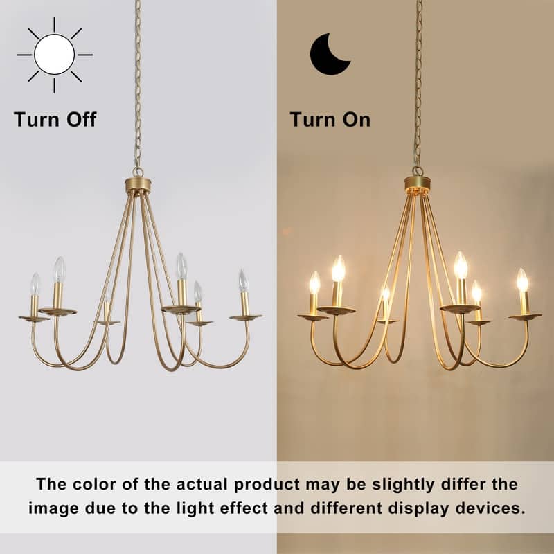 Rella Modern Farmhouse Chandelier 6-light Classic Candle Metal Dining Room Pendant - Light Gold - D28" x H24"