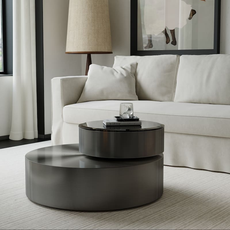 Luxury Round Coffee Table with 2 Tier Rotatable Top Circle Coffee Table with 360° Swivel Top for Living Room Apartment