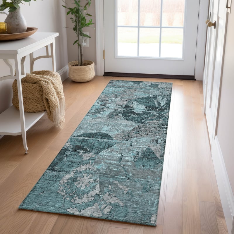 Machine Washable Indoor/ Outdoor Abstract Leaves Chantille Rug - Teal - 2'3" x 7'6"