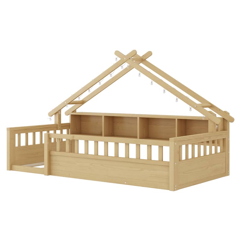 Floor Bed House Bed Frame with Storage Shelf Safety Guardrails