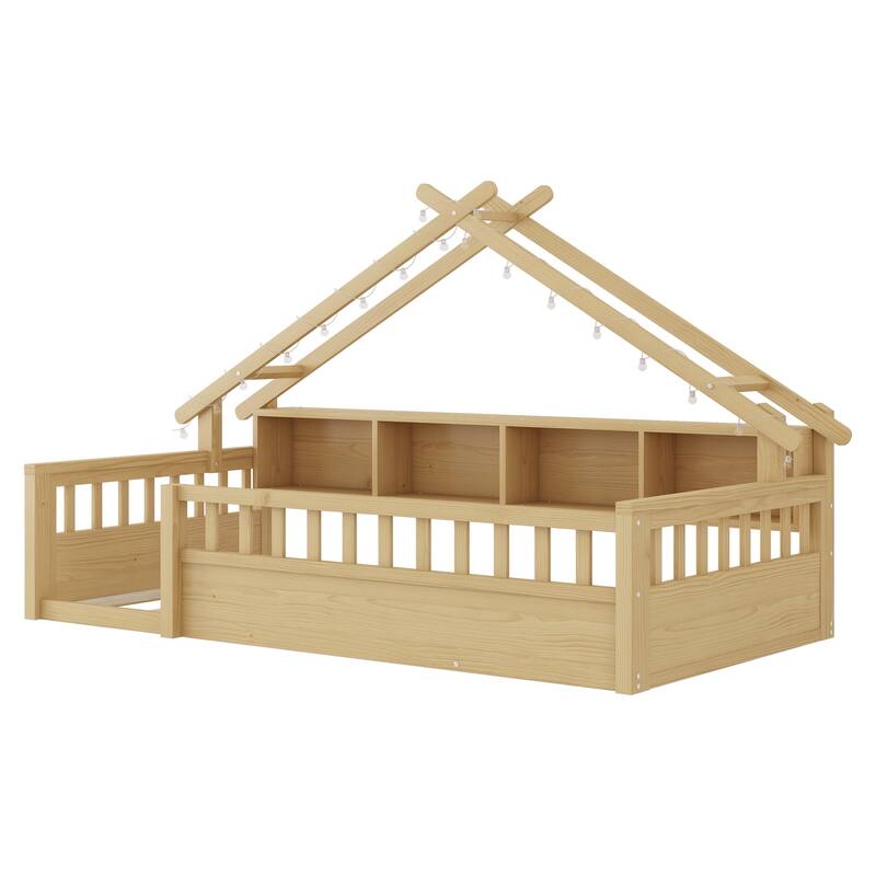 Twin/Full Floor Bed with Storage Bookshelves & Roof Shape for Kids