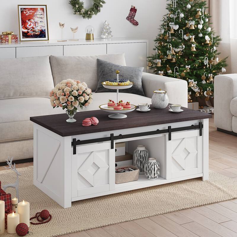 AVAWING Rustic Lift Top Coffee Table with Storage & Sliding Barn Doors – Farmhouse Center Table for Living Room - 47.8'x23.2'