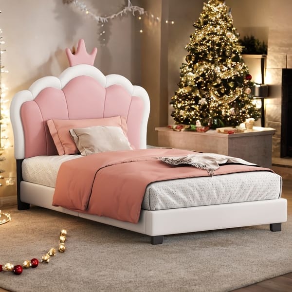 slide 2 of 11, Twin Size Upholstered Princess Bed with Crown Headboard, Platform Bed with Headboard and Footboard, White+Pink