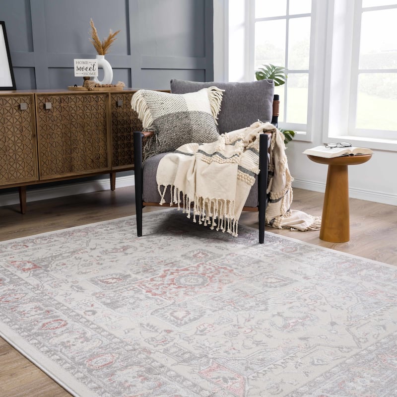 Hauteloom Calum Living Room, Bedroom Area Rug - Farmhouse - High Pile - Pink,Gray - 7'9" x 9'6" - 5'2" x 7' - Pink, Grey, Beige, Cream