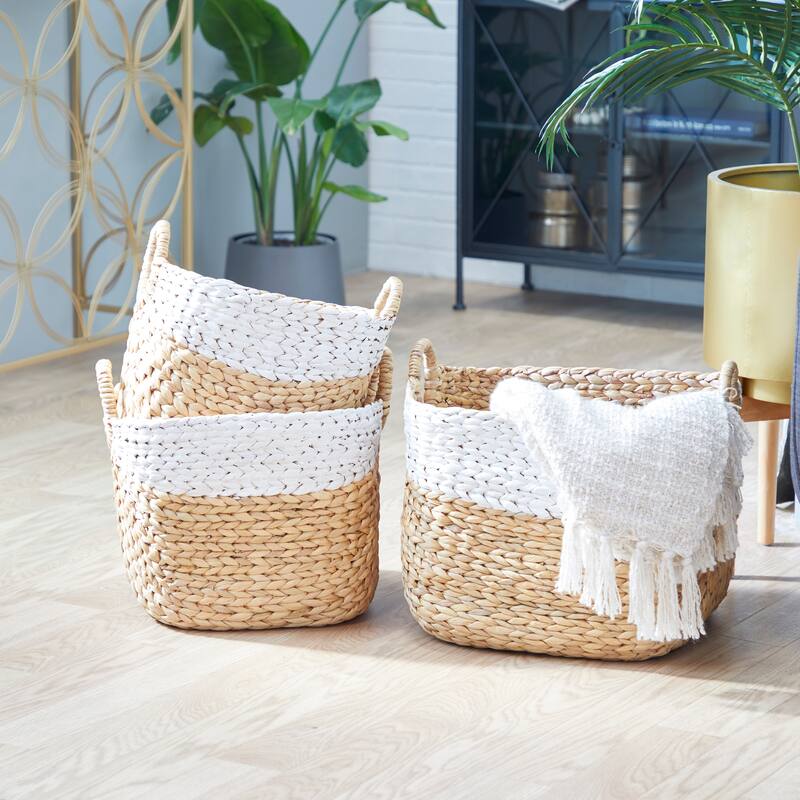 Seagrass Handmade Large Woven Decorative and Functional Storage Basket with Handles - Brown, White, Black