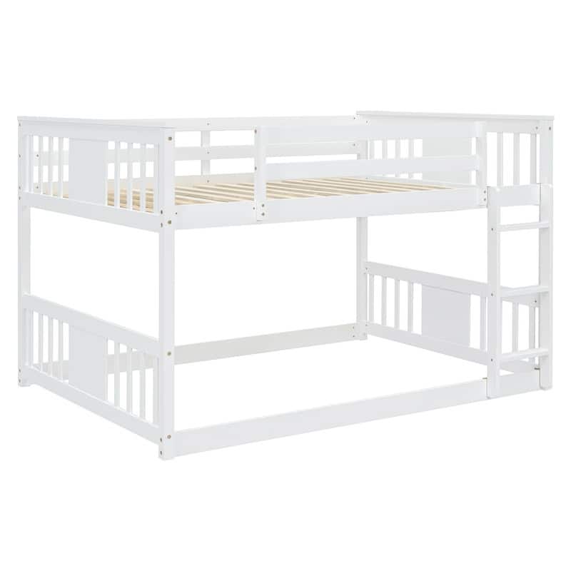 Low Bunk Beds Full Over Full Wood Bunk Bed Frame Floor Bunkbed for Kids Toddlers Boys Girls Teens' Bedroom Dorm
