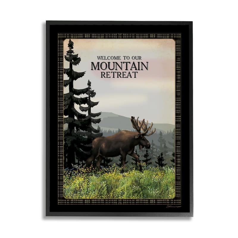 Stupell Welcome Mountain Retreat Quote Moose Wildlife Tree Forest Framed Wall Art - Green