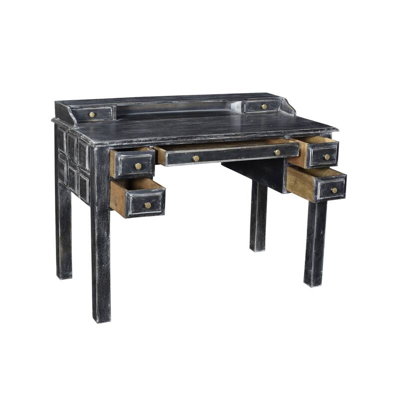 46" Black Solid Wood Writing Desk With Seven Drawers