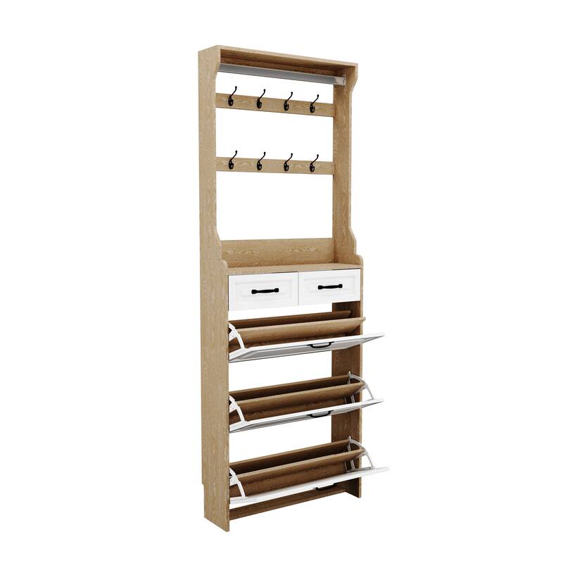Shoe Cabinet with 3 Flip Drawers & 2 Drawers, Hidden Narrow Shoe Rack Cabinet, Entryway Wood Shoe Storage Organizer