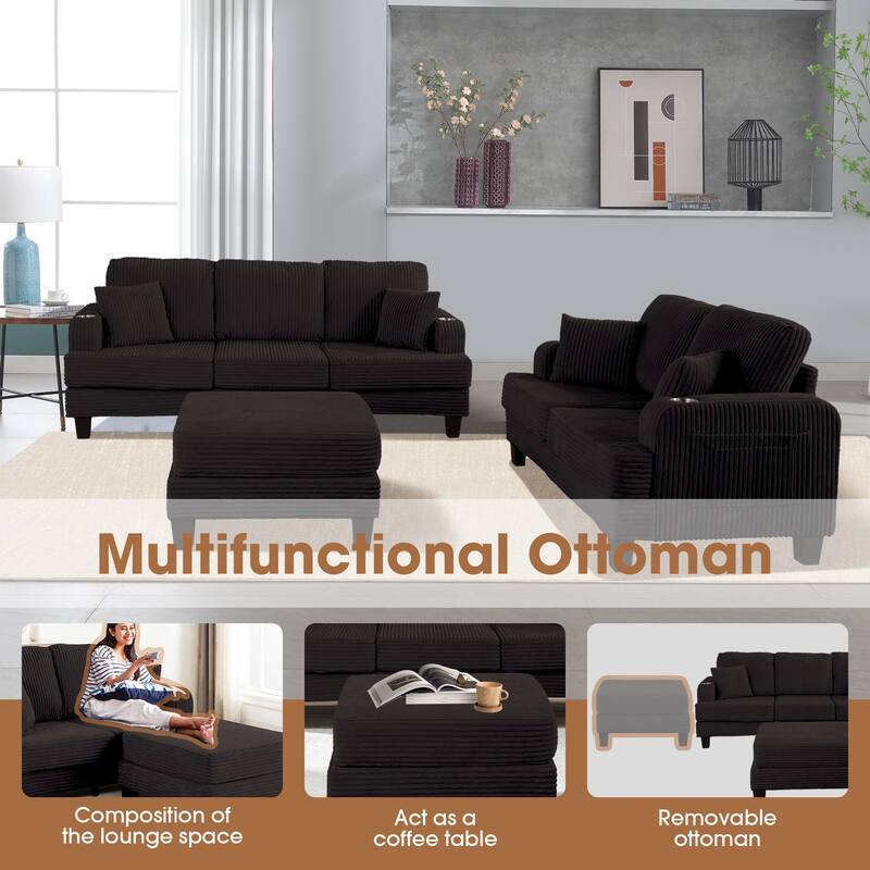 Modern Fabric 3-piece Sectional Sofa Set with Loveseat and Storage Ottoman