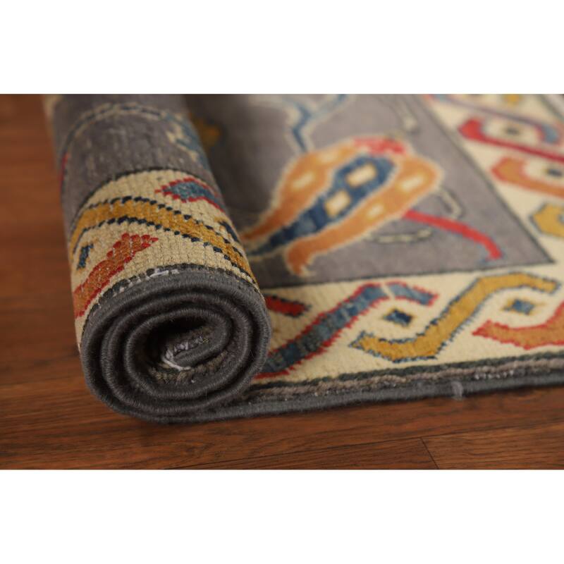 Gray Floral Kazak Oriental Foyer Rug Hand-Knotted Wool Carpet - 2'0"x 3'0" - 2'0"x 3'0" - Grey