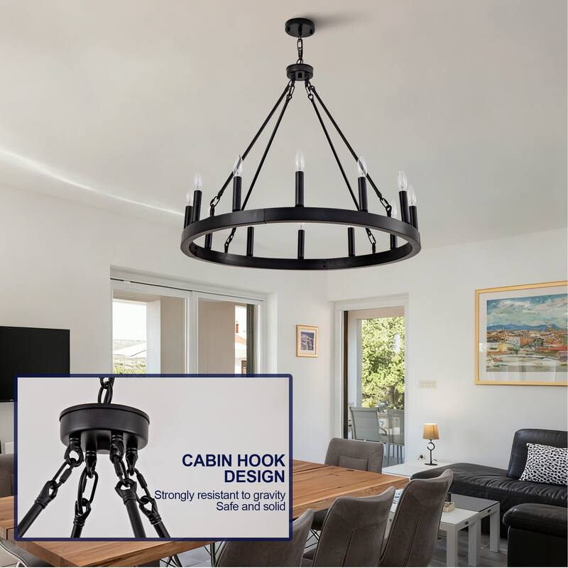 12-Light Wagon Wheel Chandelier, Vintage Ceiling Hanging Pendant Light Fixture