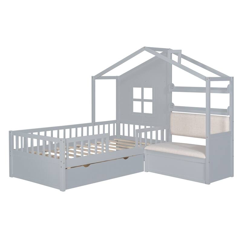 Twin Size Kids Platform Bed with Sofa and Storage Shelf