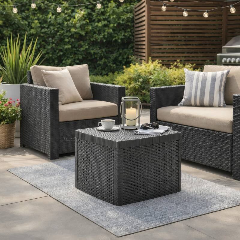 Outdoor Side End Table, 21 Inch Square Rattan Design, Anthracite Gray