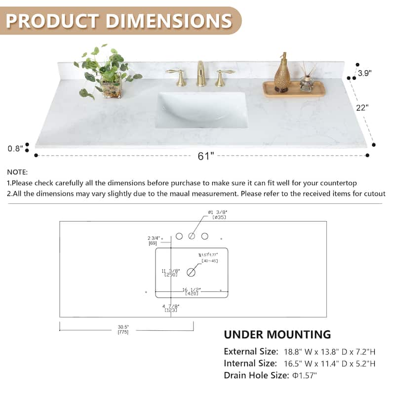 Altair Ceres Engineered Stone Vanity Top in Grain White Without Cabinet