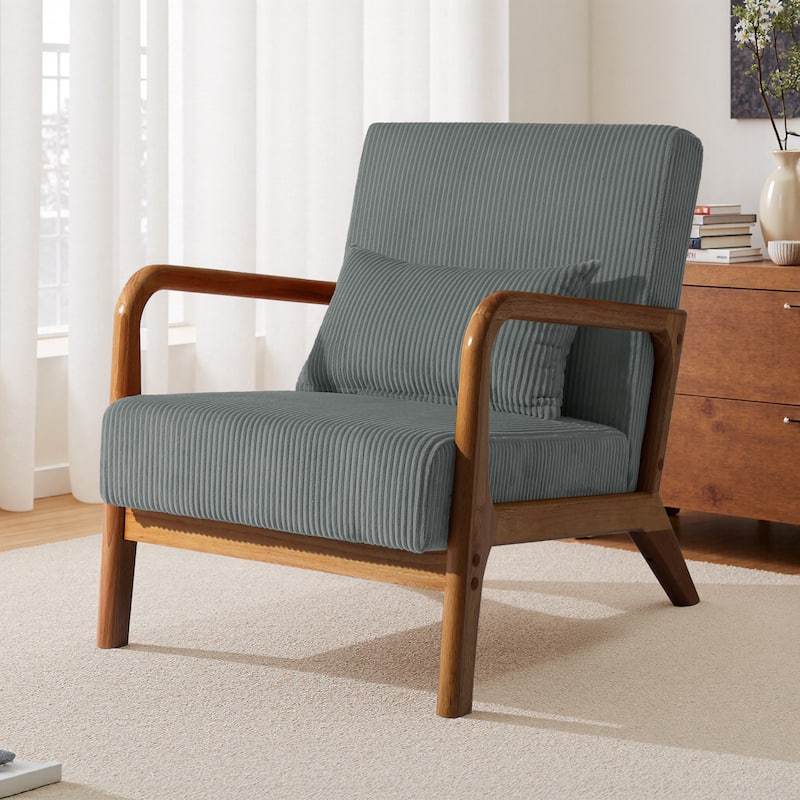 25" W Mid Century Upholstered Wood Accent Chair with Pillow - Dark Wood - Grey