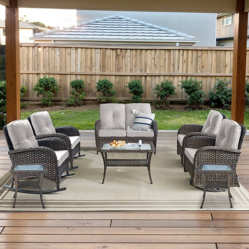 Gymojoy Outdoor Wicker Patio Furniture Loveseat and Chair Set Weather-Resistant - Loveseat Set - Swivel Chairs & Rocking Chairs - Brown Wicker / Beige Cusion