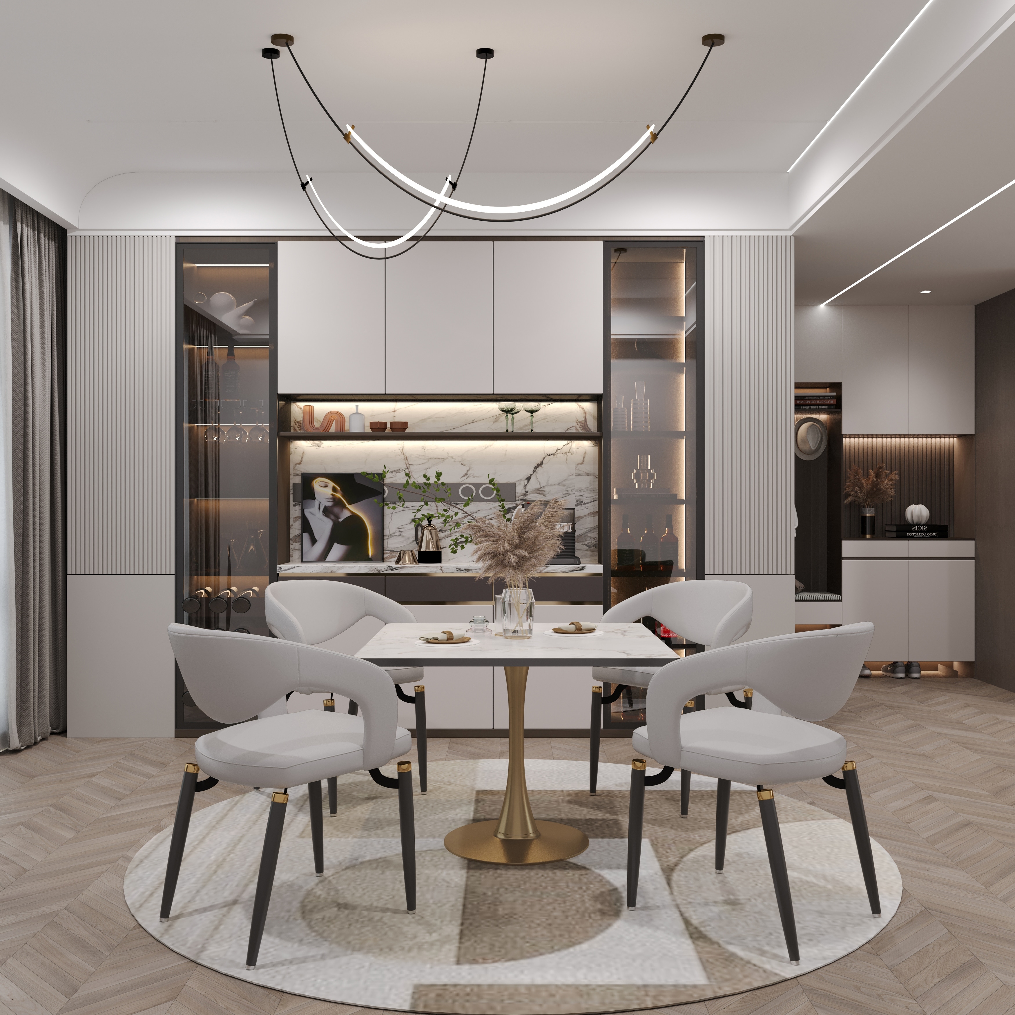 Bristol Modern Square White Marble Dining Table with Gold Tulip Pedestal Base, Black Trim for Kitchen & Dining Room