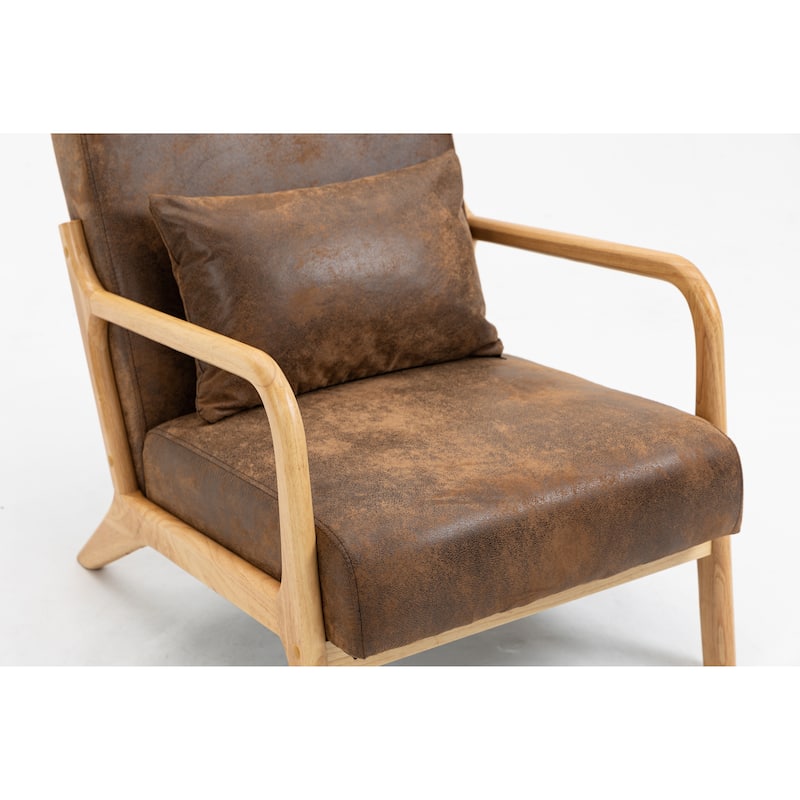 Mid Century Modern Accent Chair with Wood Frame, Upholstered Living Room Chairs with Waist Cushion, Reading Armchair