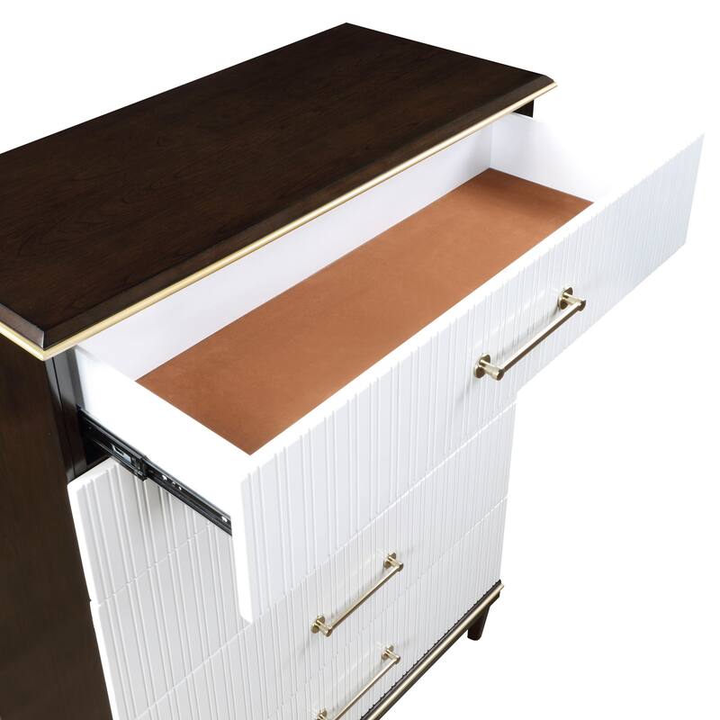 Shim 54 Inch Tall Dresser Chest with 5 Drawers, White, Cherry Brown Wood