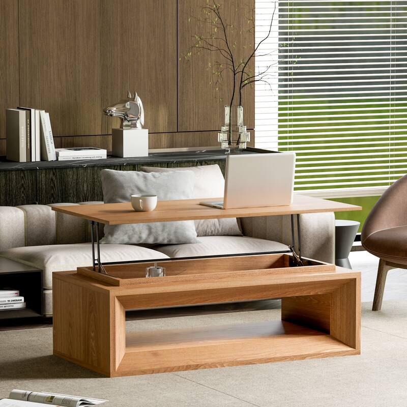43.3" Lift Top Rectangle Coffee Table with Storage, Coffee Table with Floating Tabletop, Convertible Rising Tabletop - Natural Wood