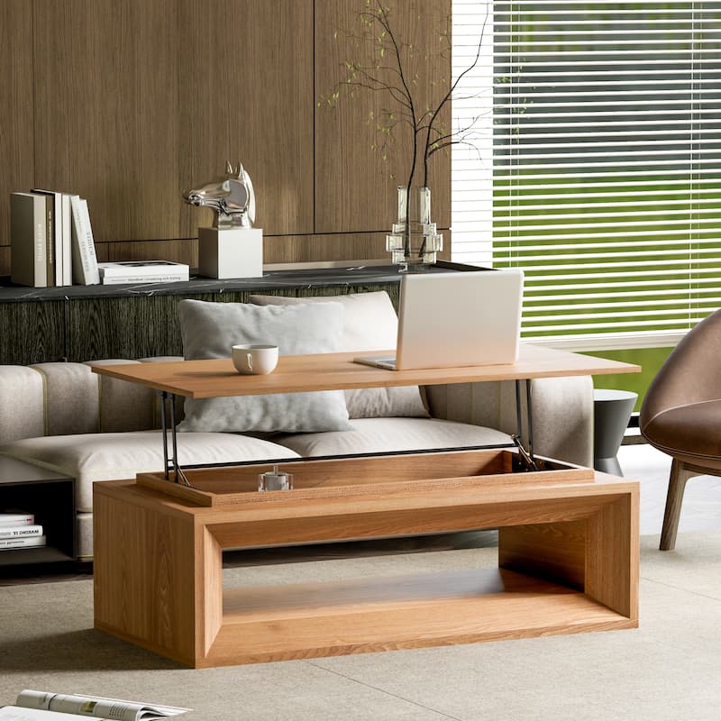 43.3" Lift Top Rectangle Modern Wood Veneer MDF Coffee Table with Storage - Natural Wood