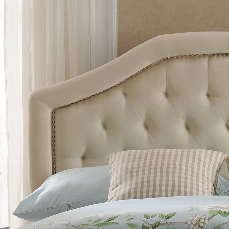 Tufted Upholstered Queen Size Headboard with Nailhead Trim and Adjustable Height
