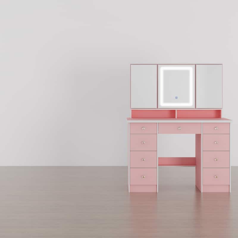 Spacious Vanity Desk with Mirrored Storage Cabinets - A Beauty Oasis