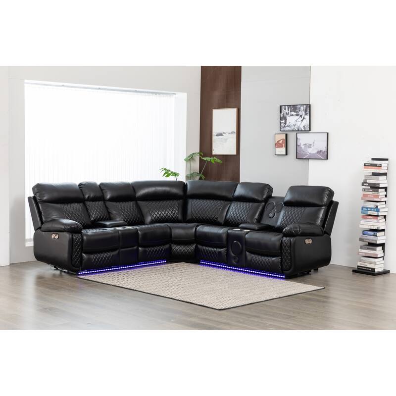 Hathrone 98.5" Wide Vegan Leather Power Reclining Sectional with LED, USB and SubWoofer Sound System