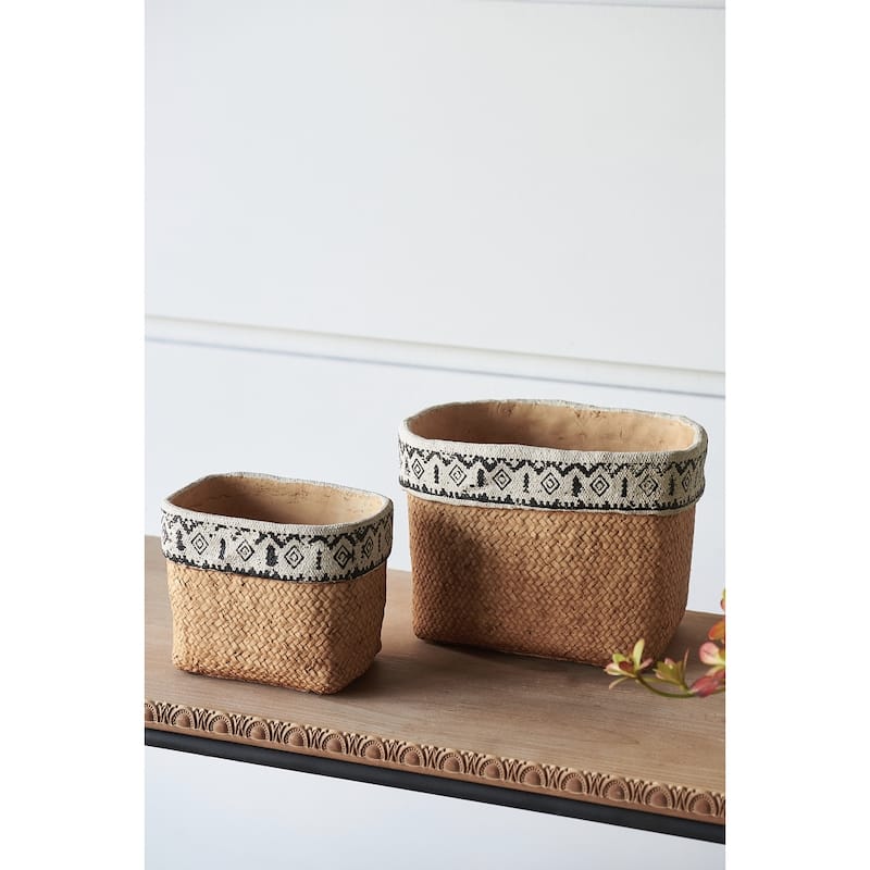 Set of 2 Rectangular Basket Planters with Geometric Trim, L:10.5x8.5x8" S:7.5x5.5x6.5"