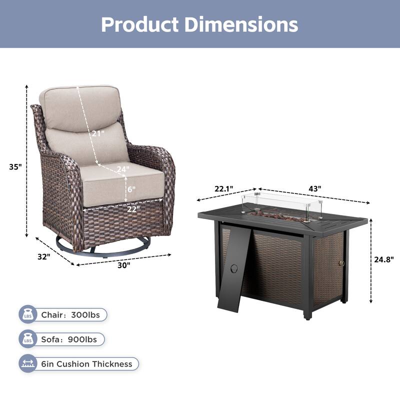 Arcadia 5-Piece Wicker Patio Set with 4 Swivel Glider Chairs and All-Iron Fire Pit