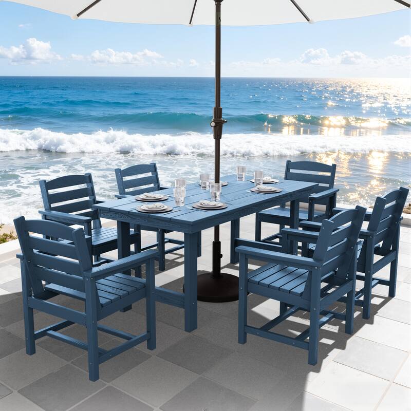 7-Piece HDPE Outdoor Dining Table Sets with Umbrella Hole - 1-Table 6-Chairs