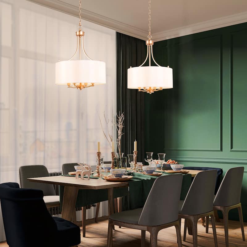 Bella Modern Farmhouse Gold 4-Light Drum Chandelier with Fabric Shade for Dining Room Bedroom - D 16" x H 21.5"