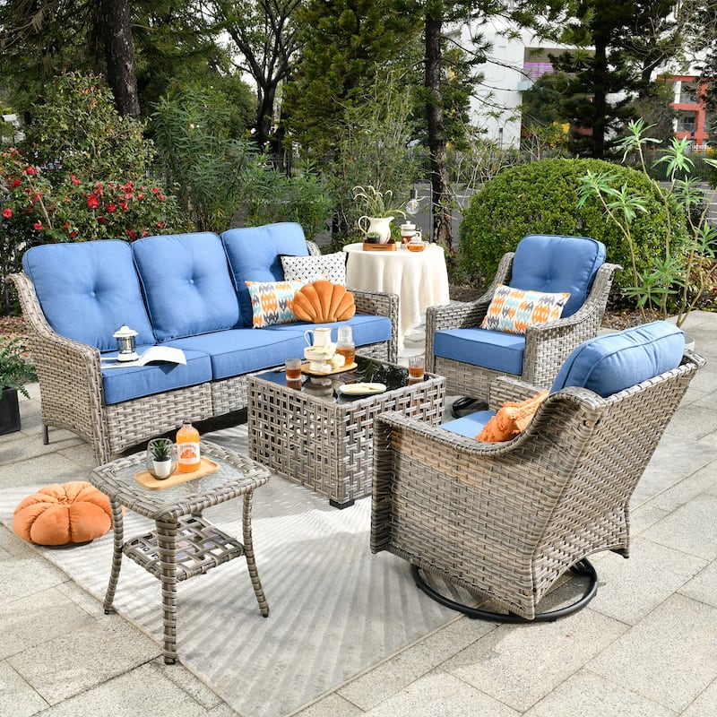 OVIOS 5 Pieces Outdoor Wicker Swivel Chair Set With Solar-Powered Table