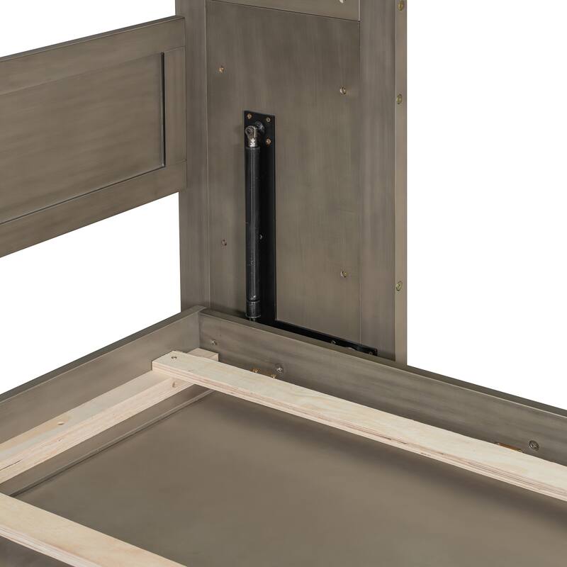 Queen Size Hydraulic Lift Murphy Bed with Vanity Desk and 2 Drawers, Solid Wood Wall Murphy Bed Cabinet, No Box Spring Needed