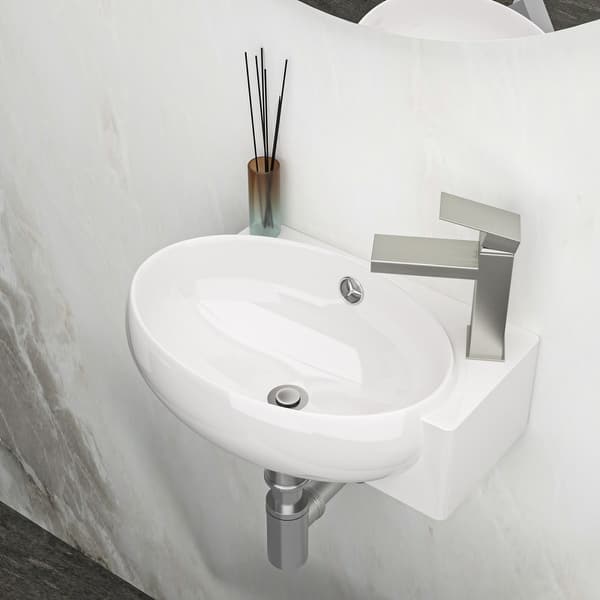 slide 2 of 8, 16 in. x 11 in. White Ceramic Rectangle Wall Mount Bathroom Sink with Single Faucet Hole (Right Faucet Hole) - 16x11 inch