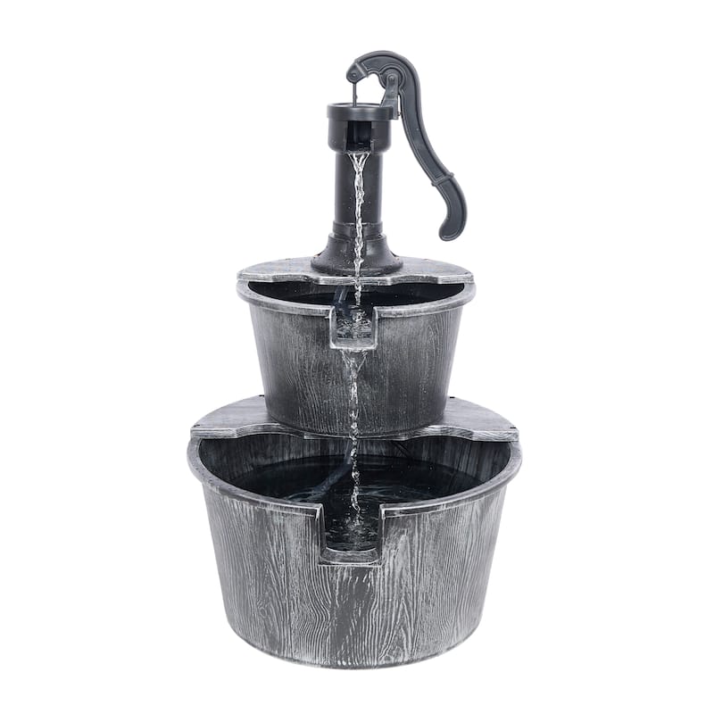 Alpine Corporation 27in Outdoor Rustic 2Tier Barrel and Pump Water Fountain with LED Lights Garden, Patio, or Yard Decor, Silver