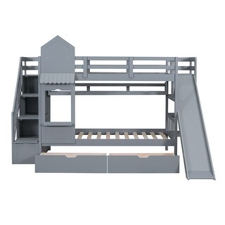 Playhouse Design Twin Over Twin Bunk Bed with Slide and Multiple Storage Space