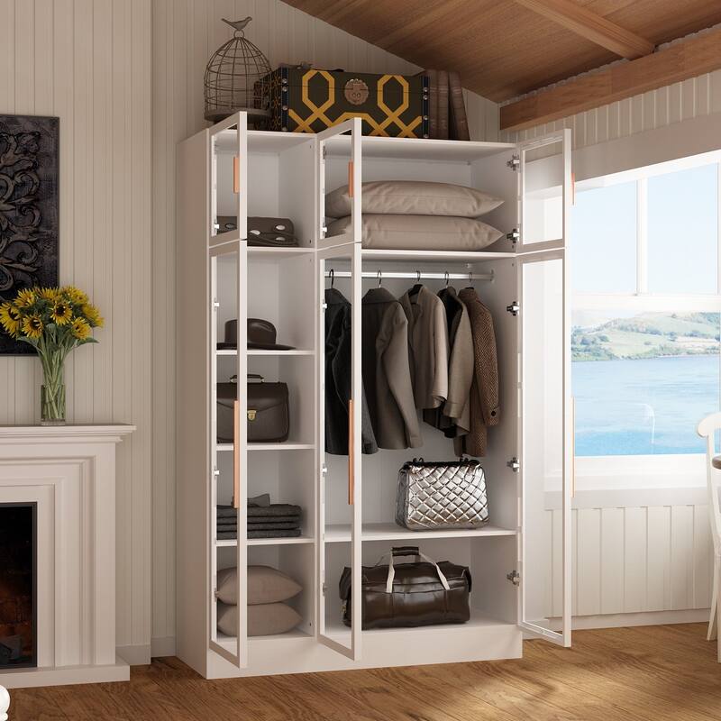 Wardrobe Armoire Wooden Closet with Tempered Glas Door With LED Light