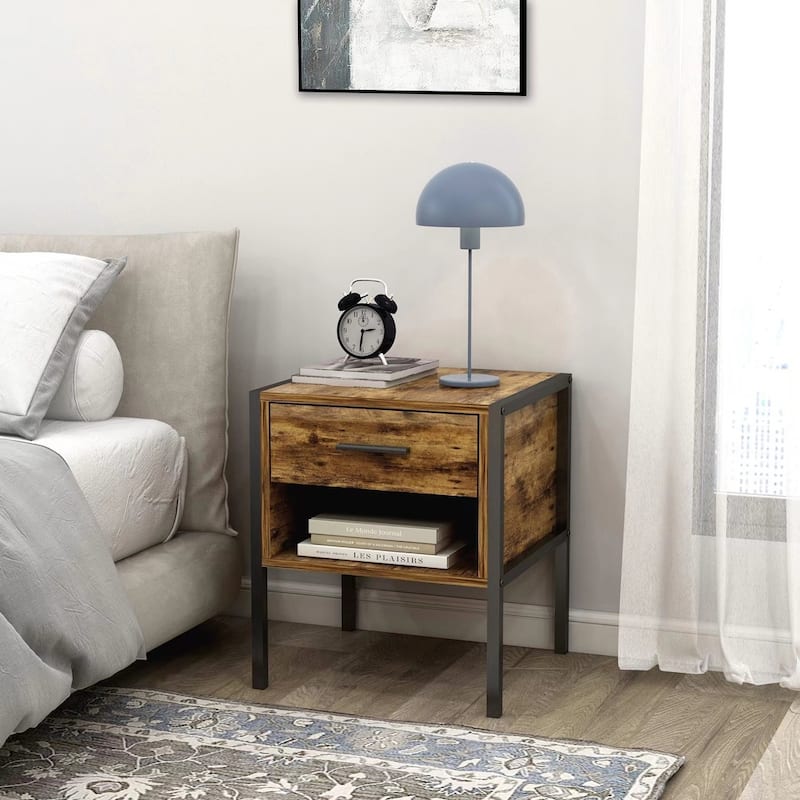 Industrial Nightstand Set of 2, Night Stand with Open Shelf Cabinet, 2 Pcs Wood Nightstand with Metal Handles for Bedroom