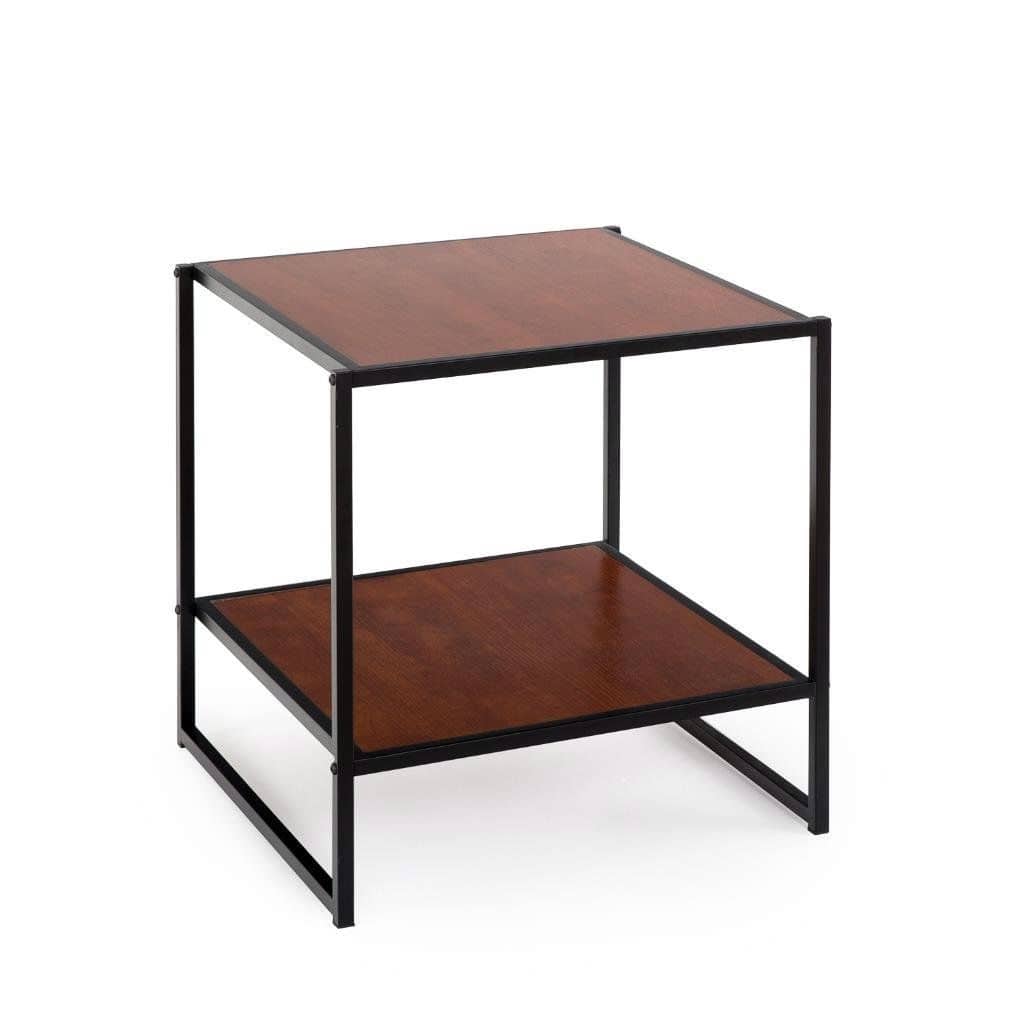 Square Steel Frame Nightstand Side Table with Storage Shelf in Brown