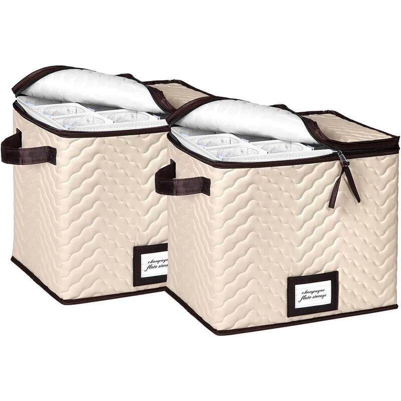 Hold N' Storage - Set of 2 Wine Glass Storage with dividers and Carry Handles. Each Holds 12 standard size glasses - 12.5" W x 9" L x 11" H - Beige